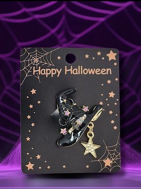 Black Witch's Hat Brooch Pin with Star Charm & Multicolored Crystals